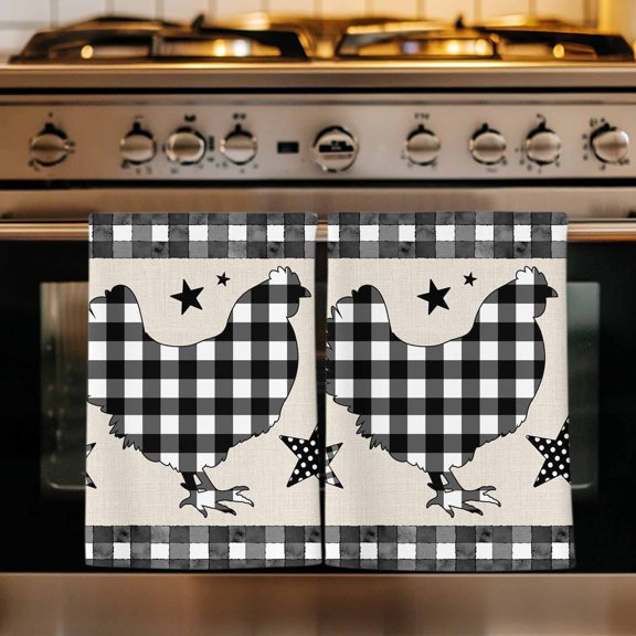 Chicken Hen Kitchen Towels Set of 3, Rooster Animals Farmhouse White Black Plaid Vintage Absorbent Dish Towels for Kitchen, Microfiber Hand Towel, Quick Drying Tea Towel Decorative Dishcloths