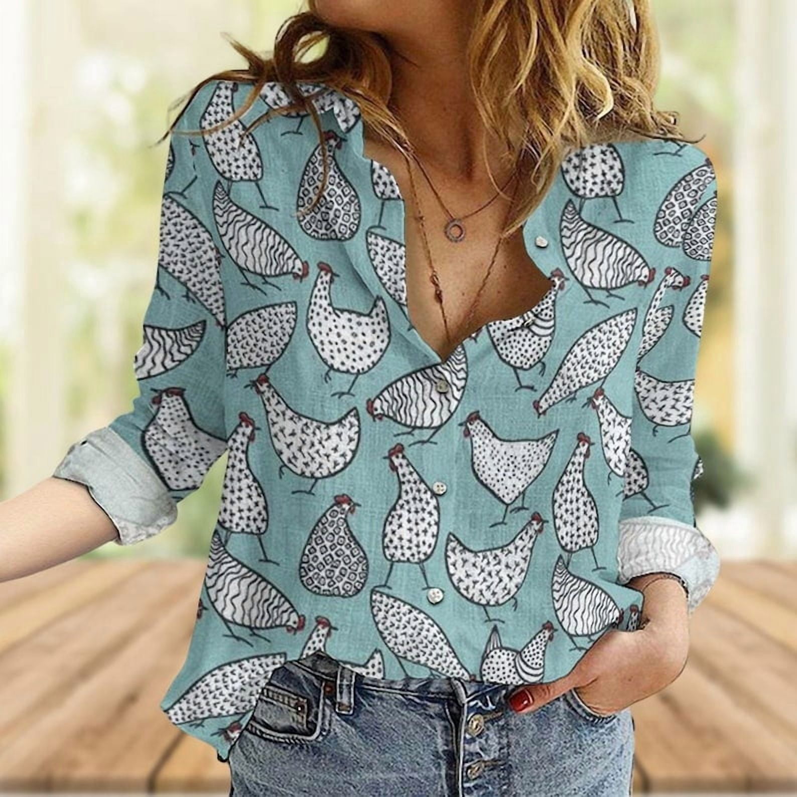 Chicken Hen Linen-Look Shirt, Hens Women Blouse, Chicken Lover Casual ...