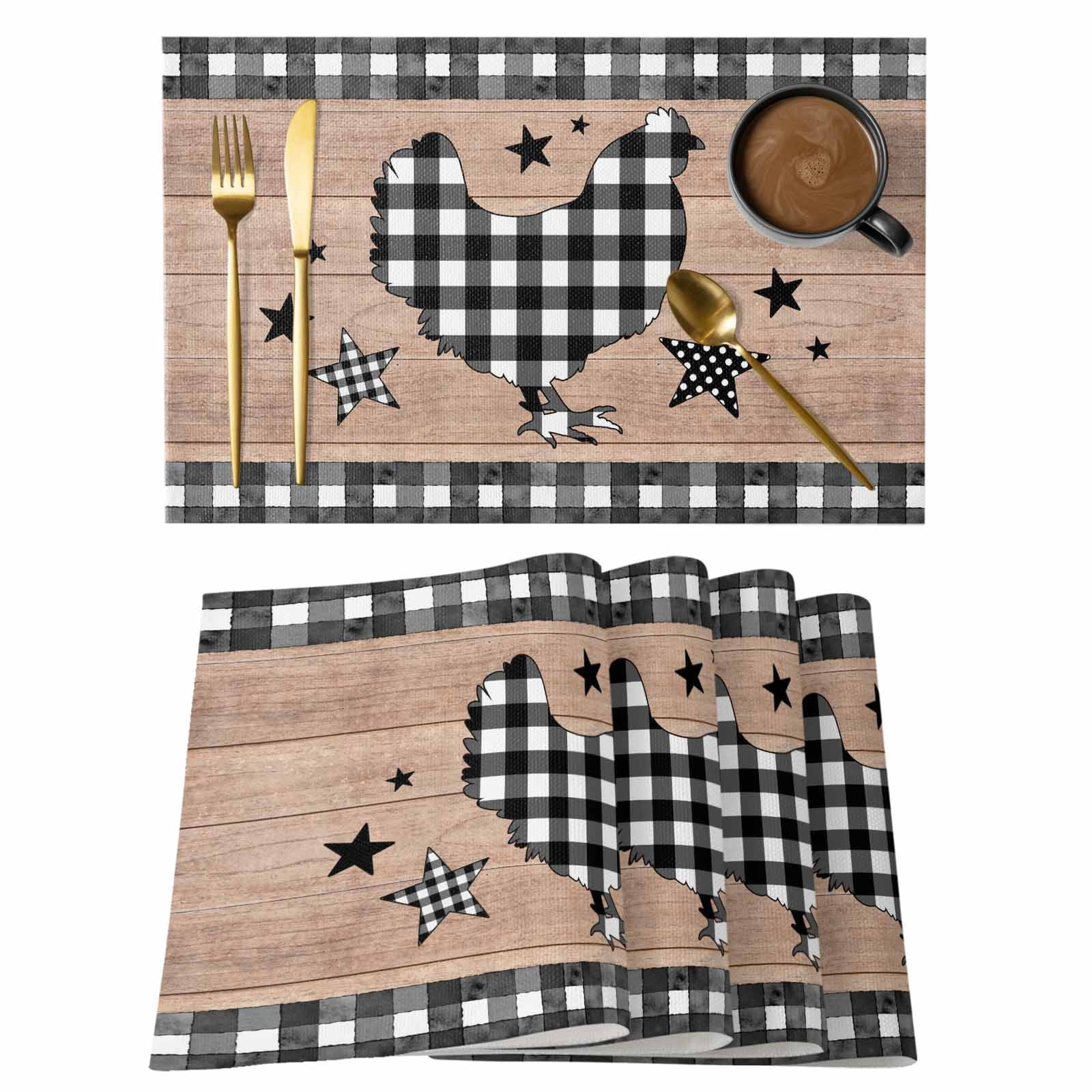 Chicken Mat Chicken Hen Placemats Set of 6 Rooster Animals Farmhouse Plaid Brown ...