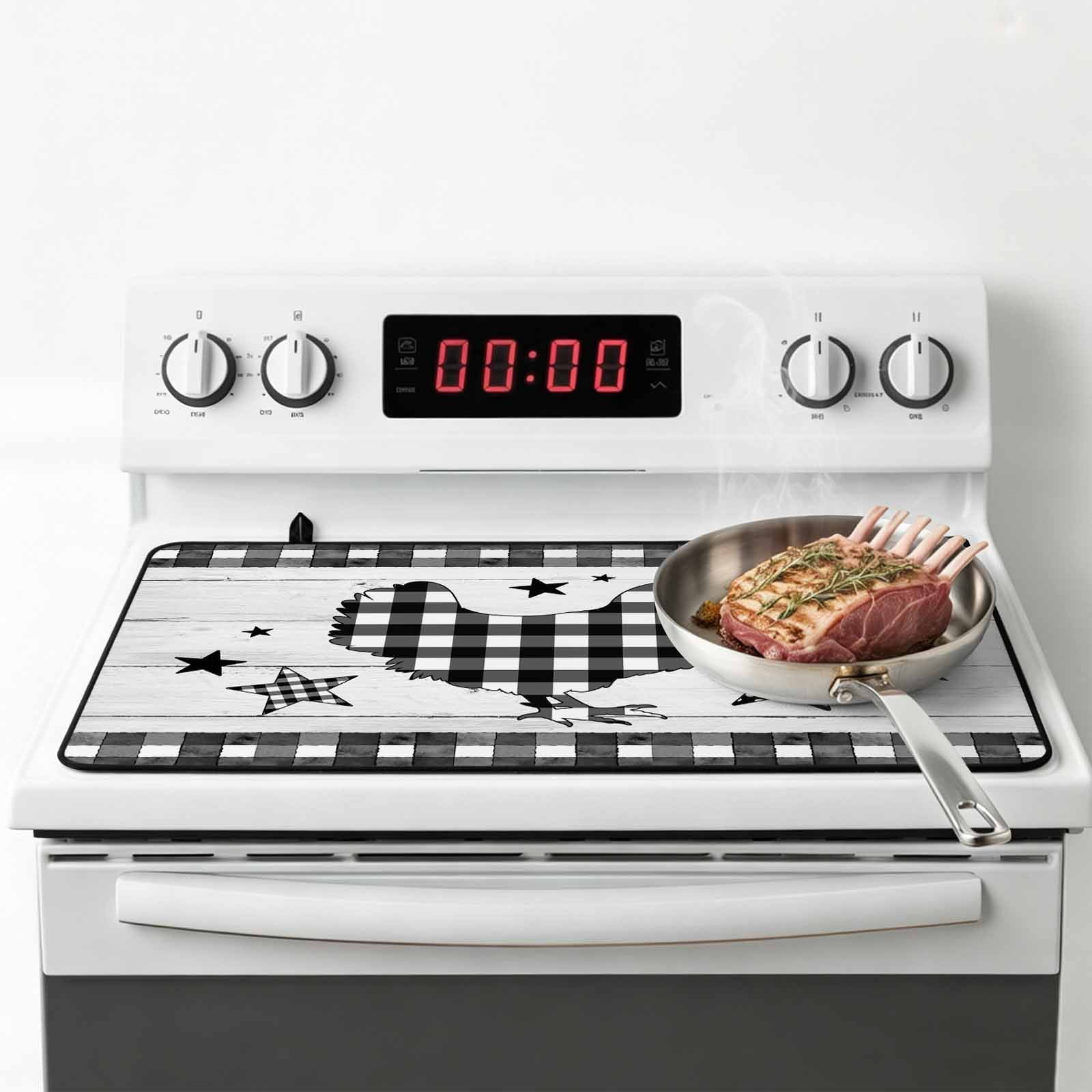 Chicken Hen Stove Top Cover for Electric Stove,Heat-proof & Non Slip Glass Top Stove Cover Protector,Rooster Animals Farmhouse Plaid Country White Wooden Kitchen Flat Cooktop Rubber Mat 24x21 Inches