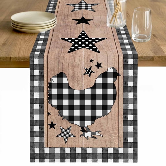 Chicken Hen Table Runner 48 Inches Long Farmhouse Dress Scarves, Rooster Animals Farmhouse Plaid Brown Wooden Grain Dining Tablerunner for Coffee Table/Kitchen Island/Party Décor, 13" x 48"
