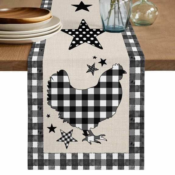 Chicken Hen Table Runner 48 Inches, Rooster Animals Farmhouse White Black Plaid Vintage Bed Runner Dresser Scarves Tabletop for Indoor Outdoor Parties/Ceremony/Banquet, 13" x 48"