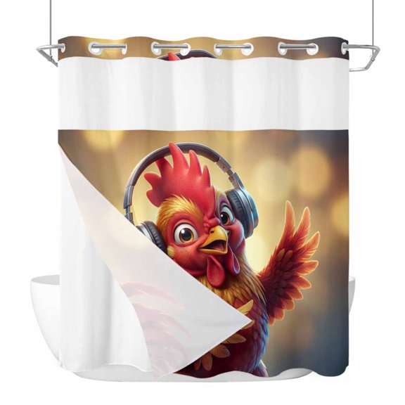 Chicken No Hook Shower Curtain with Snap in Liner Abstract Headphone Chicken Shiny Light Background Waterproof Bathroom Shower Curtain with See Through Top Window for Bathtub 72" x 72"