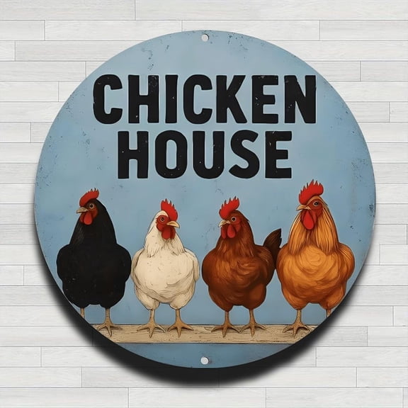 Chicken House Sign With Chickens Vintage Rustic Aluminum Metal Round Wall Sign, 8-inch Indoor Outdoor Gifts And Decor for Home, Office, Cafe & Yard Farm