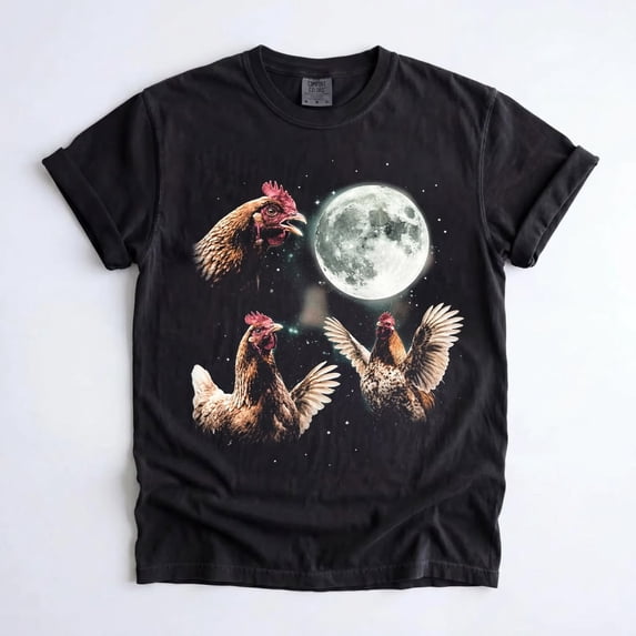 Chicken Howling at the Full Moon Graphic T-Shirt, Vintage 90s Retro Farm Hen Galaxy Tee, Funny Chicken Lover Gift