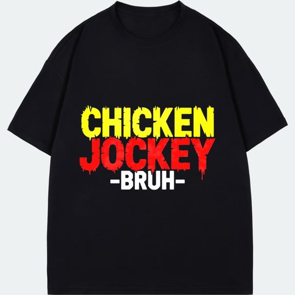 Chicken Jockey Bruh Black T Shirt With Yellow And Red Text Graphic For Casual Wear And Gaming Events