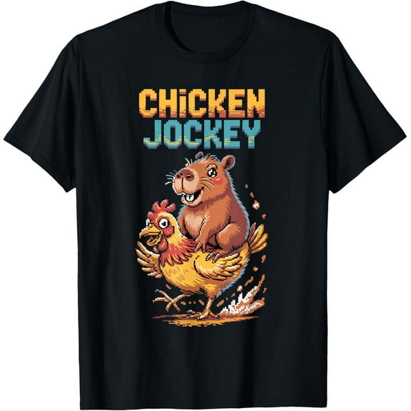 Chicken Jockey Capybara Lovers Pixel Art Gamer Funny T-Shirt