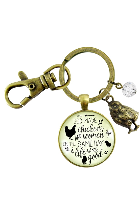 Chicken Keychain Gutsy Goodness Bronze Metal Funny God Made Chickens and It Was Good Adult Female Jewelry