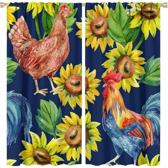 Chicken Kitchen Curtains Colorful Vintage Rustic Farmhouse Sunflower Chicken Blue Bedroom Living Room Blackout Rod Pocket Decoration Window Drapes 2 Panels W21xL54in