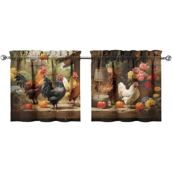 Chicken Kitchen Curtains Valances and Tiers Set for Windows,Rooster Hen Vintage Bathroom Window Curtain Valance 2 Piece Sets,Kitchen Decor for Living Room,27.5"x24"