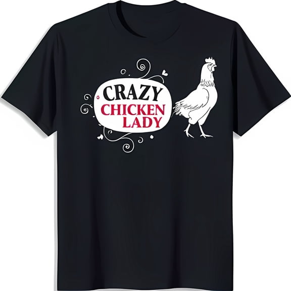 Chicken Lady Black T-Shirt with Stylish White Chicken Graphic & Swirls