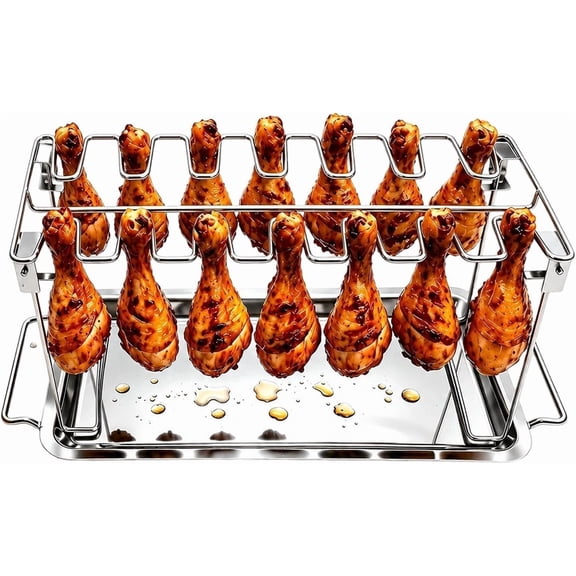 Chicken Leg Grill Rack with 14 Slots and Drip Tray for Wings and Drumsticks, Stainless Steel