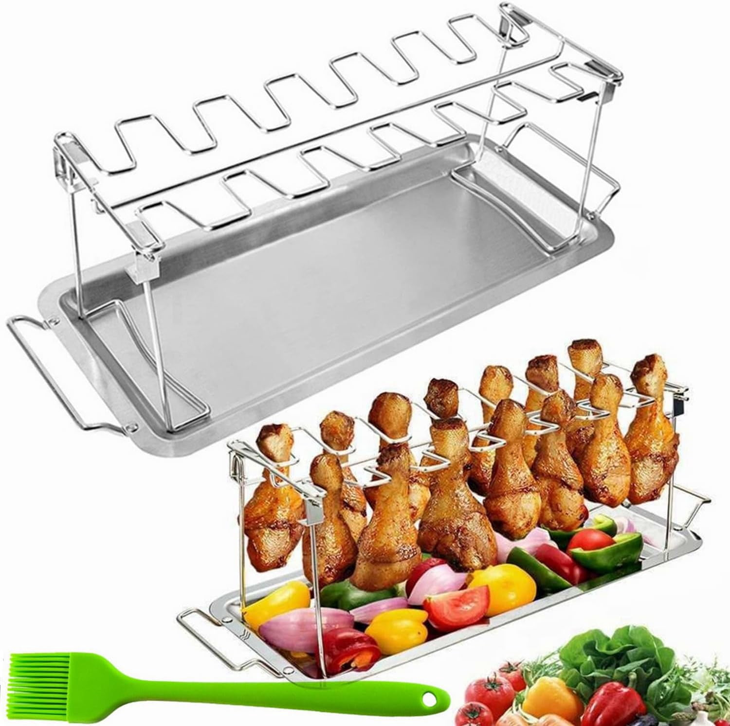 Chicken Leg Rack for Grill with Drip Tray, 14 Slots Stainless Steel ...