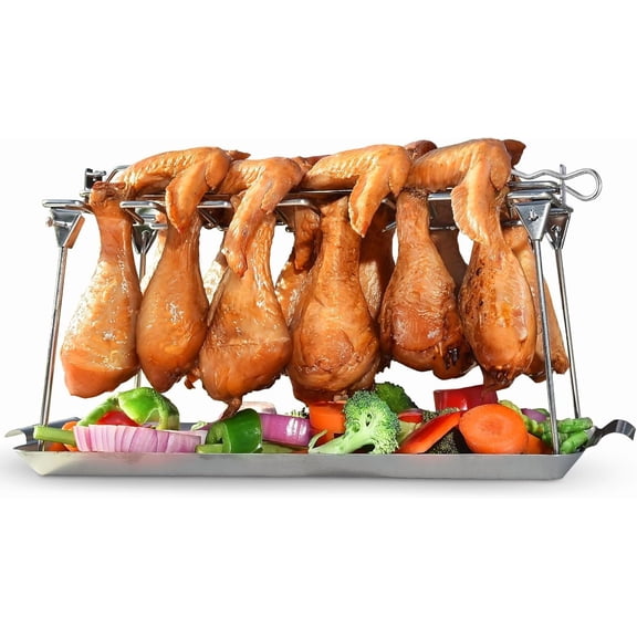 Chicken Leg Rack for Grill with Drip Tray Chicken Wing Rack- Easy to Use 12 Slots - Premium Stainless Steel Chicken Drumstick Rack for Smoker - Chicken Drumstick Holder for Grill Accessories