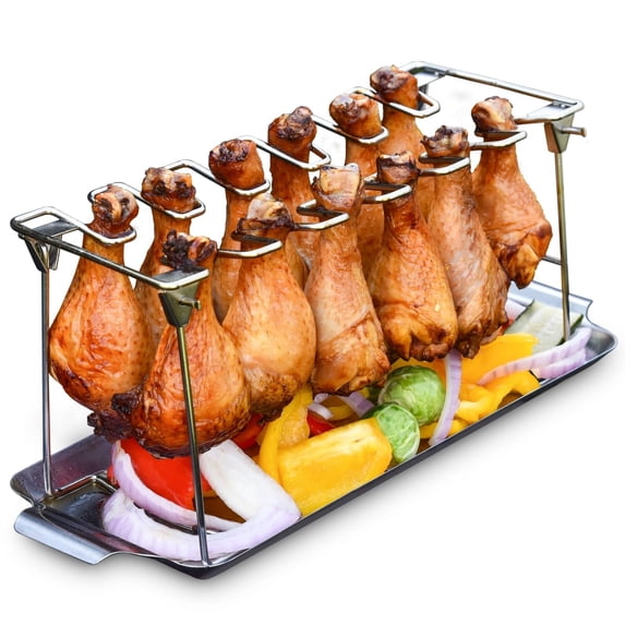 Chicken Leg Rack for Grill with Drip Tray - Easy to Use 12 Slots ...