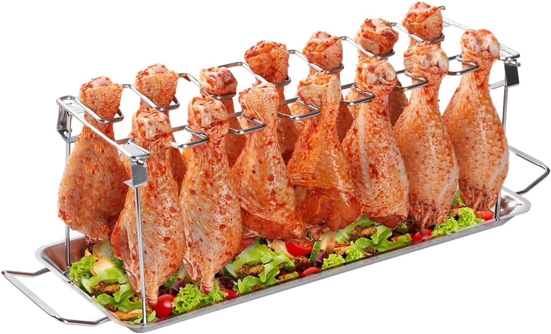 Chicken Leg Rack for Grill with Drip Tray - Easy to Use 14 Slots ...