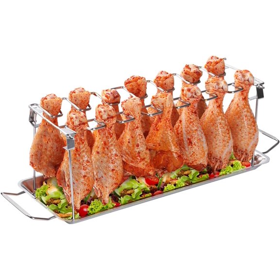 Chicken Leg Rack for Grill with Drip Tray - Easy to Use 14 Slots Chicken Wing Rack - Premium Stainless Steel Chicken Wing Rack for Smoker - Dishwasher Safe, Non-Stick, Great for BBQ, Picnic.