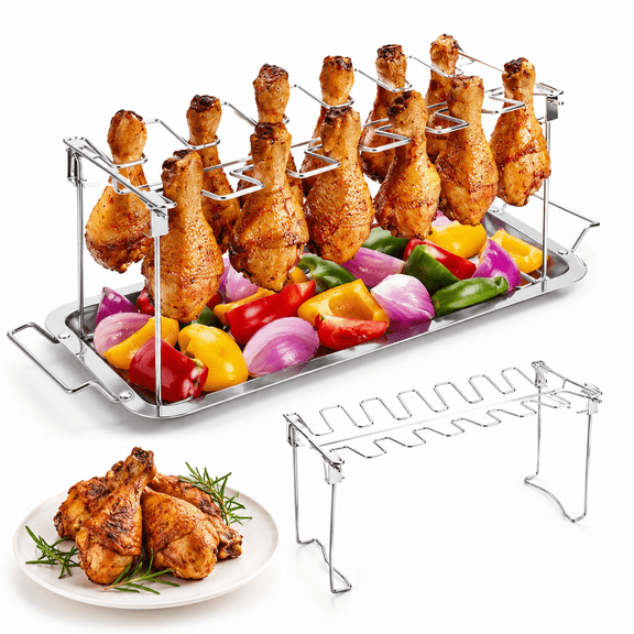 Chicken Leg Wing Grill Rack,BBQ Chicken Drumsticks Rack Stainless Steel Roaster Stand with Drip Pan,Hang Up to 14 Chicken Legs or Wings,Great easy to grill smoke wings in grill or smoker