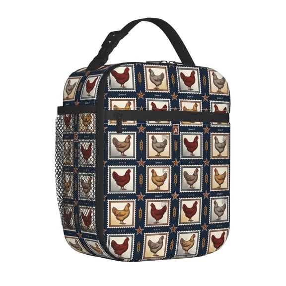 Chicken Lunch Bag, Durable Heavy-Duty Polyester Insulated Tote, Reusable Rugged Thermal Bento Pack, Old Fashioned Poultry Print Food Bag for Camping