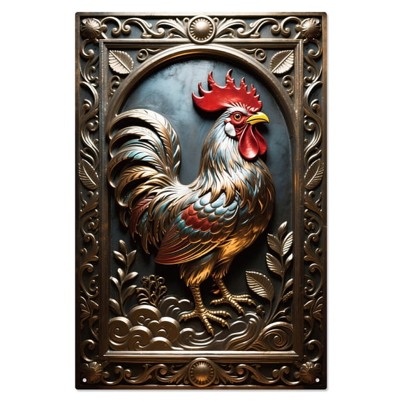 Chicken Metal Tin Sign 7.9x11.8 Inch Vintage 2D Flat with 3D Visual Effect Rooster Wall Art Sign Funny Animal Metal Poster Plaque