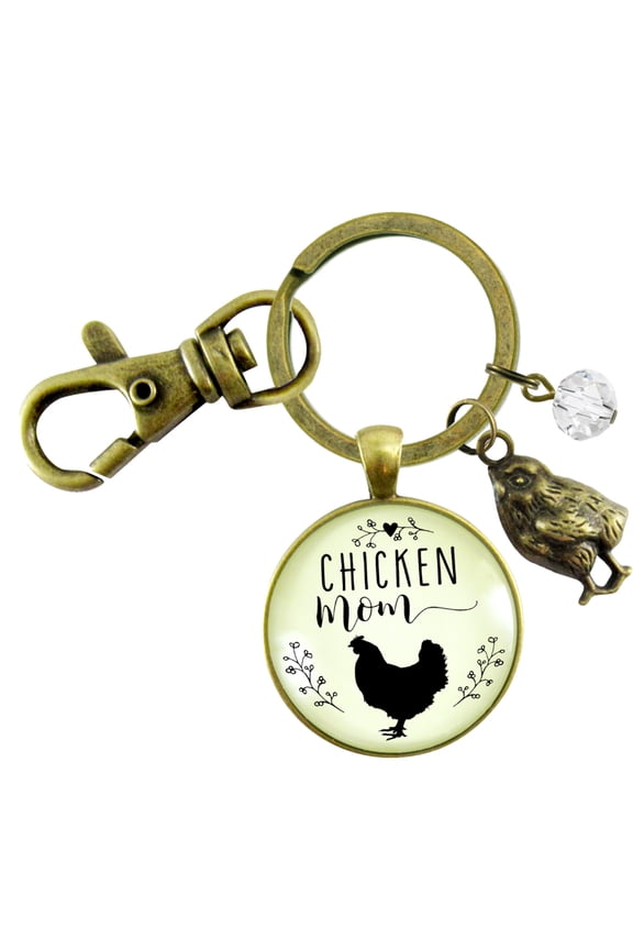 Chicken Mom Keychain Chick Gift for Mother Vintage Bronze Farm Life Farmer Adult Female