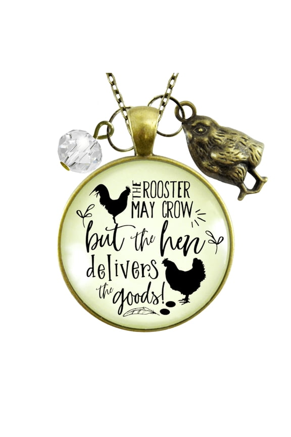 Chicken Necklace Rooster Crow Hen Delivers Gutsy Goodness Adult Bronze Metal Female Jewelry