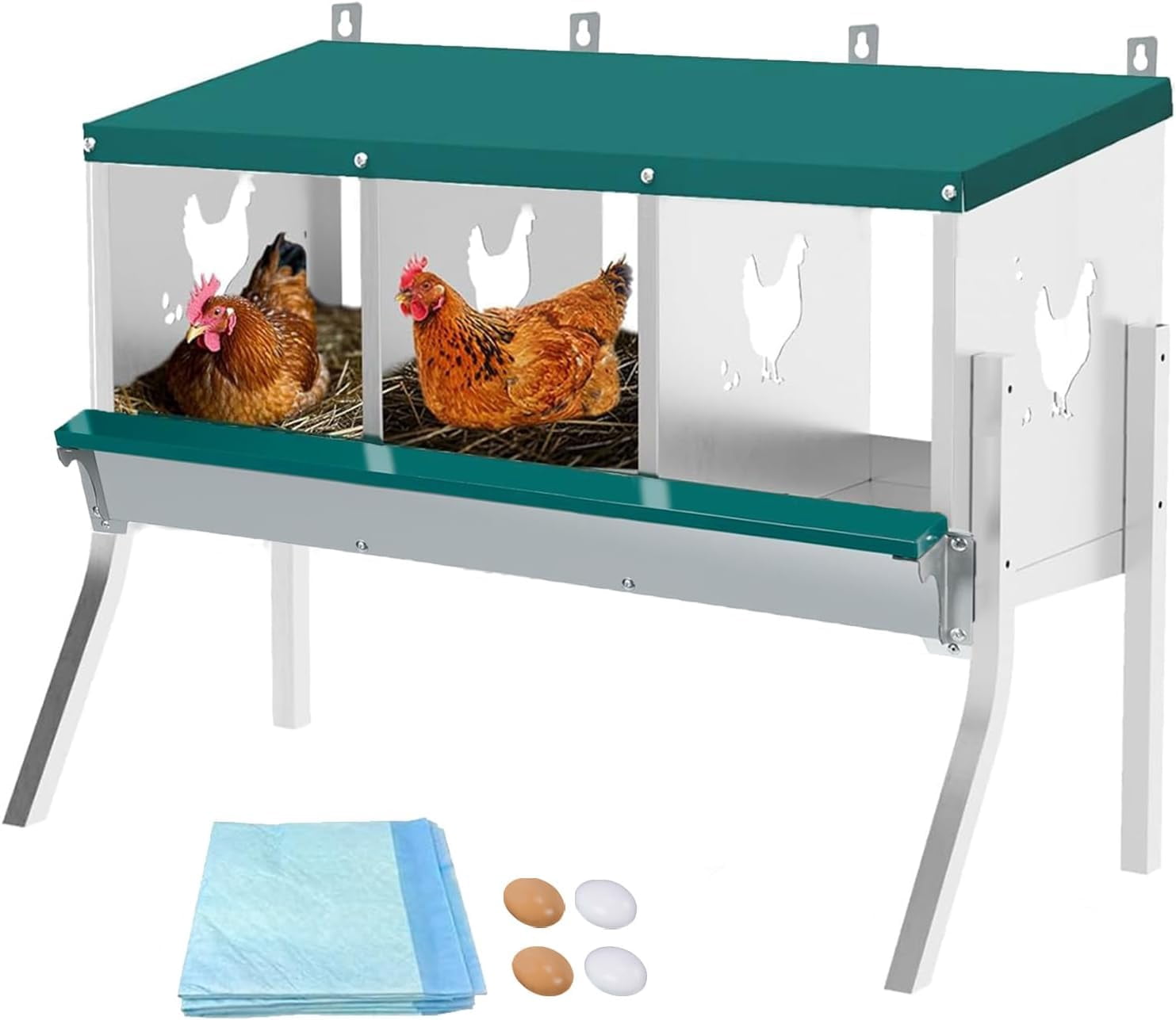 Chicken Nesting Box 3 Compartment with 10 Pet Moisture Pads and 4 Fake ...