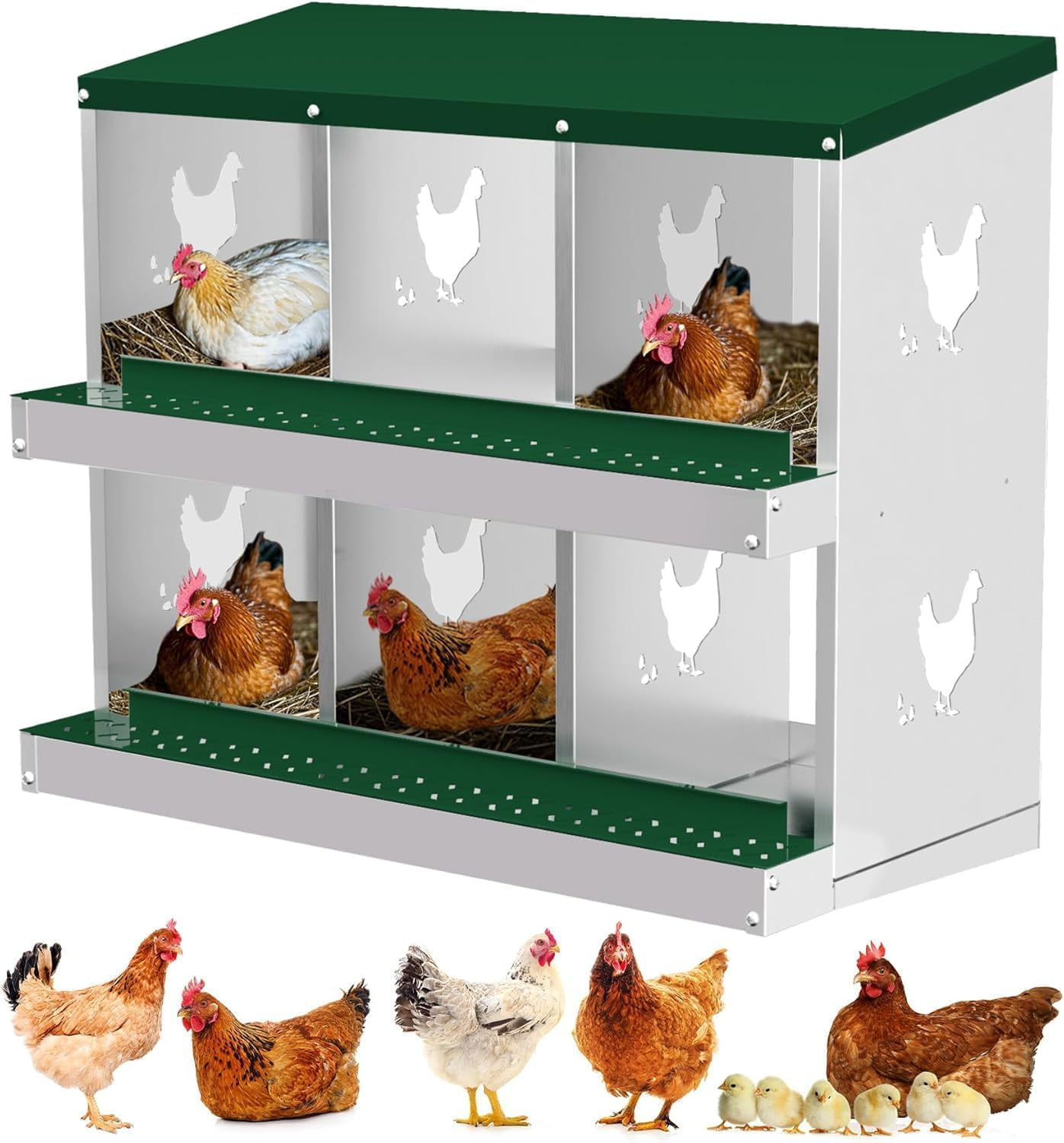 Chicken Nesting Box with 6-10 Compartments for Egg Laying, Easy-Clean Pull-Out Roll-Away Metal Nesting Boxes with Secure Lid