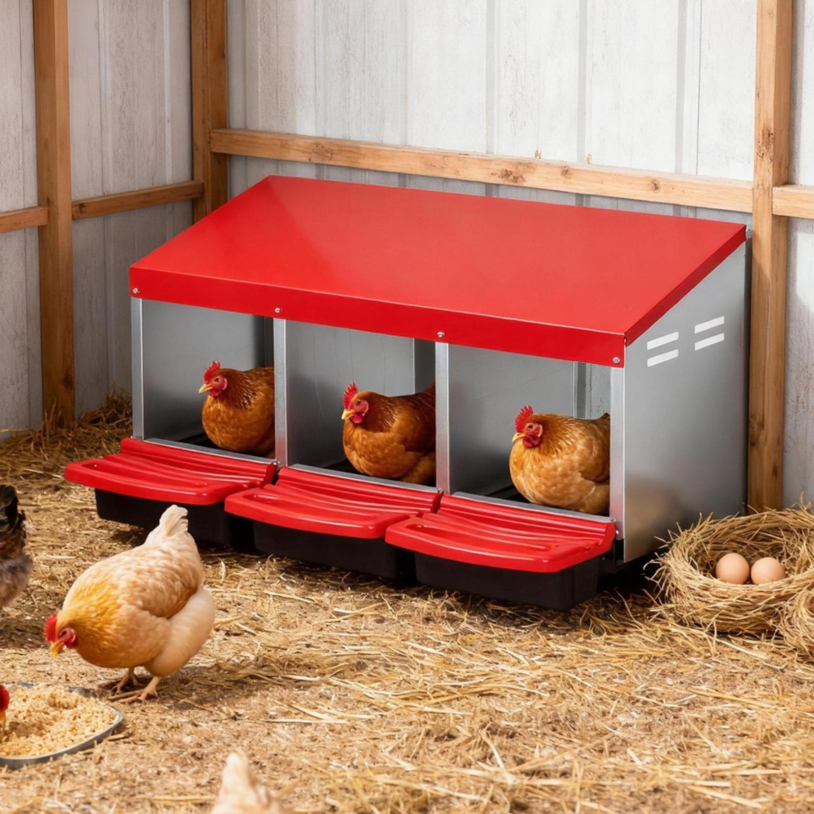 Chicken Nesting Boxes 3 Compartments, Metal Rollout Egg Laying Box with ...