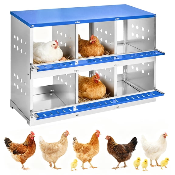 Chicken Nesting Boxes, 6 Compartments Metal Design with Roll Out Egg Collection, Ventilation & Swing Up Perch for Chicken Coop,Egg Laying Boxes for Hens, Ducks,Blue