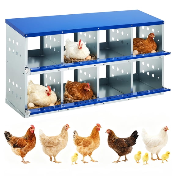 Chicken Nesting Boxes, 8 Compartments Metal Design with Roll Out Egg Collection, Ventilation & Swing Up Perch for Chicken Coop,Egg Laying Boxes for Hens, Ducks,Blue