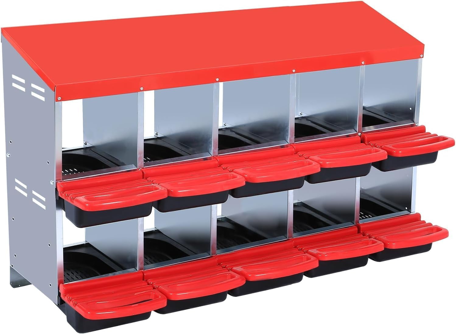 Chicken Nesting Boxes, 8 Hole/10 Hole Chicken Laying Boxes,Roll Away Nesting Boxes,Metal Poultry Nest Box with Perch and Lid Cover, Wall Mount/Free Standing Egg Laying Box