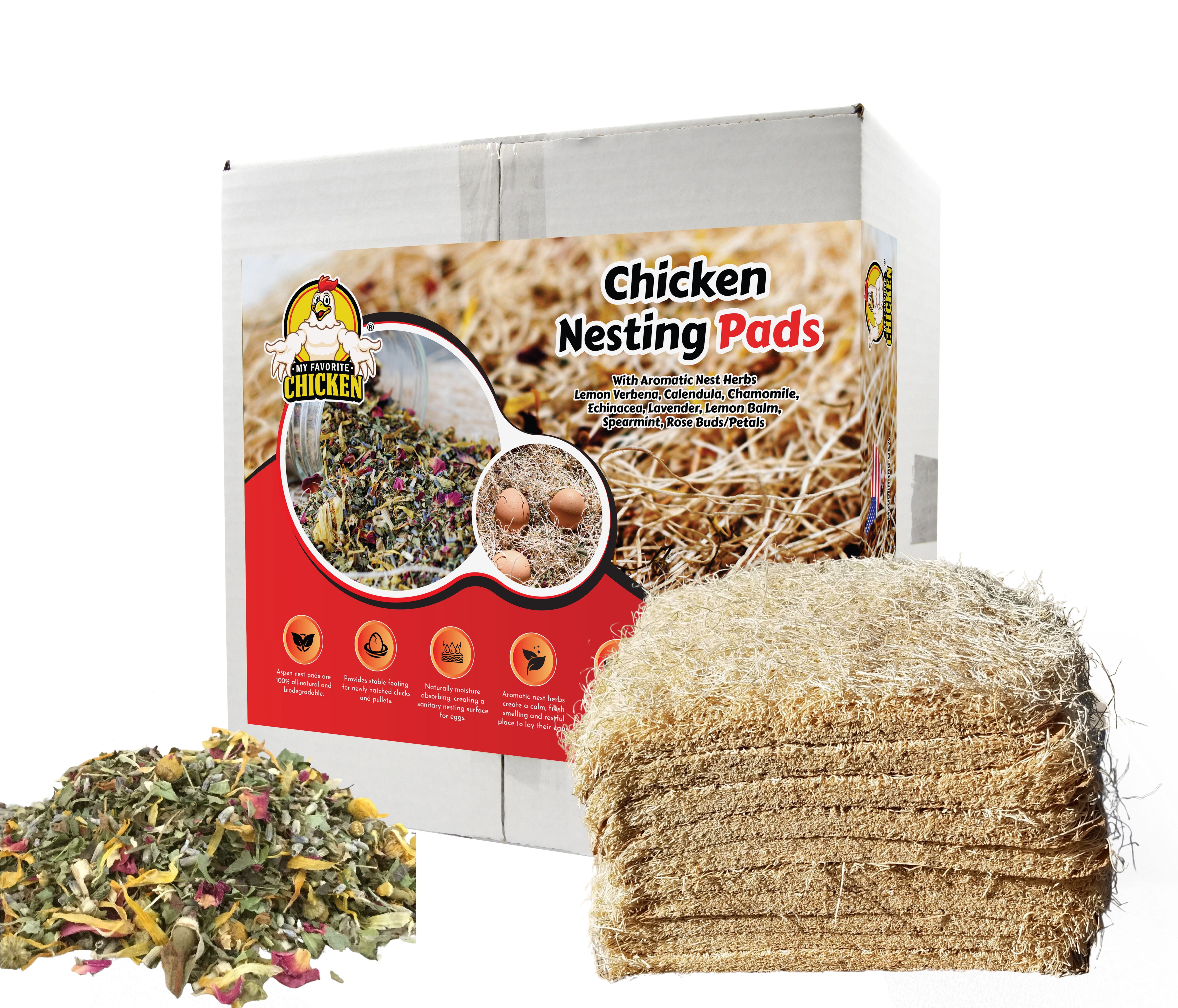 MY FAVORITE CHICKEN Chicken Nesting Pads with Aromatic Nest Herbs | Natural Excelsior Aspen Fiber Poultry Bedding | 13 x 13 Inches | Pack of 10