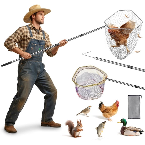 Chicken Net Catcher 3 in 1 Kit,Adjustable from 33" to 79" Chicken Catching Net Set with 2 Foldable Nets & 1 Leg Hook Replaceable.Humanely Captures for Chicken,Fish,Birds,Poultry,Cats and Animals