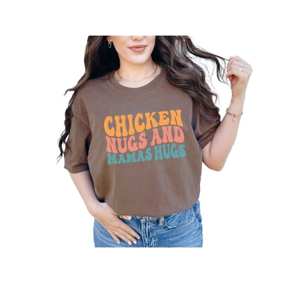 Chicken Nugs and Mama's Hugs, Nugget Lover Daughter or Son, Groovy Retro Wavy Text, Espresso Comfort Colors T-Shirt, Medium