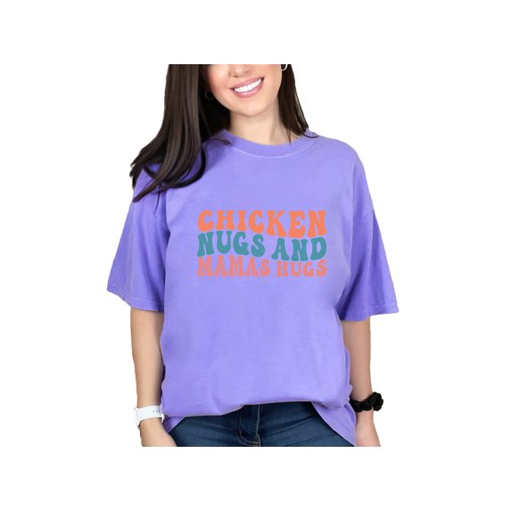 Chicken Nugs and Mama's Hugs, Nugget Lover Son or Daughter, Groovy Retro Wavy Text, Violet Comfort Colors T-Shirt, XL