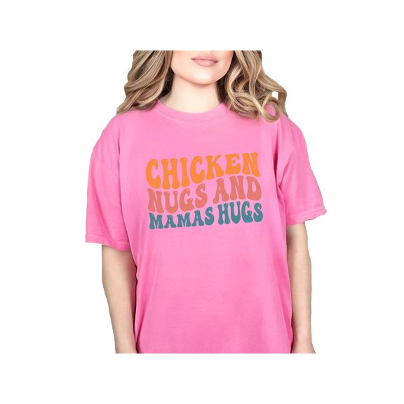 Chicken Nugs and Mama's Hugs Saying, Groovy Retro Wavy Text, Crunchberry Comfort Colors T-Shirt, Large