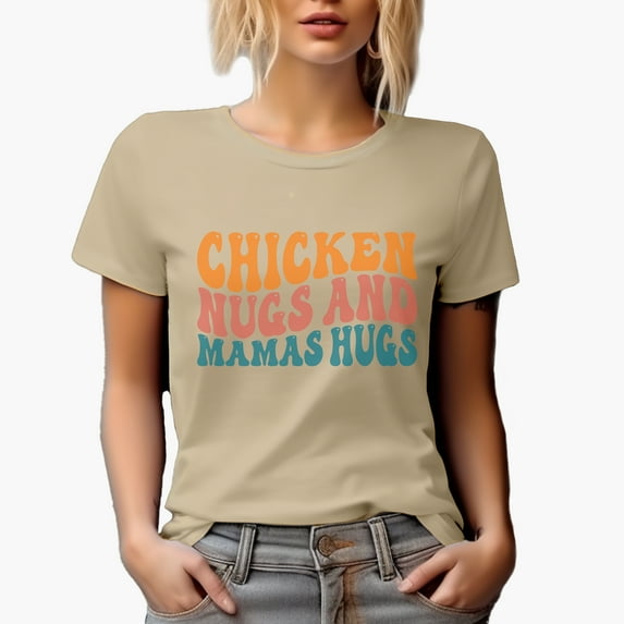 Chicken Nugs and Mama's Hugs Saying, Groovy Retro Wavy Text Merch Gift, Tan T-Shirt, XL