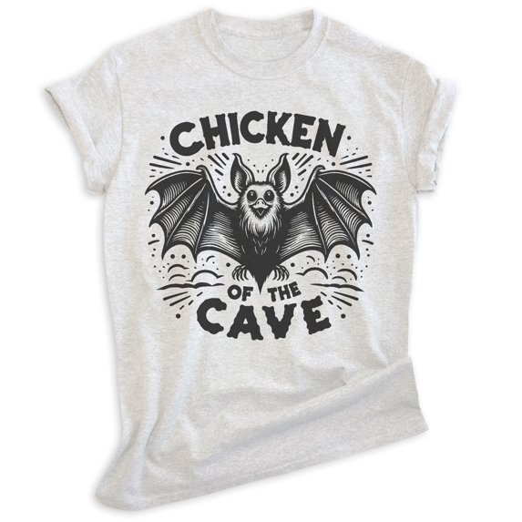 Chicken Of the Cave Bat T-shirt, Unisex Women's Men's Shirt, Funny Bat Spooky Animal Pun Joke Gift, Heather Ash, Medium