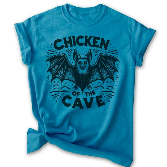 Chicken Of the Cave Bat T-shirt, Unisex Women's Men's Shirt, Funny Bat Spooky Animal Pun Joke Gift, Heather Blue, X-Large