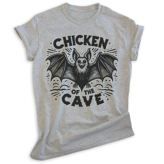 Chicken Of the Cave Bat T-shirt, Unisex Women's Men's Shirt, Funny Bat Spooky Animal Pun Joke Gift, Heather Gray, Medium