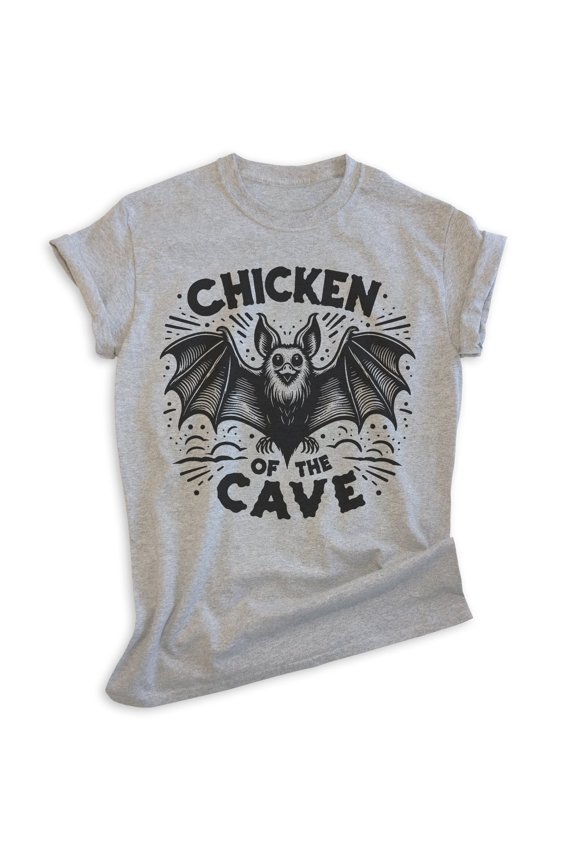 Chicken Of the Cave Bat T-shirt, Unisex Women's Men's Shirt, Funny Bat Spooky Animal Pun Joke Gift, Heather Gray, Small
