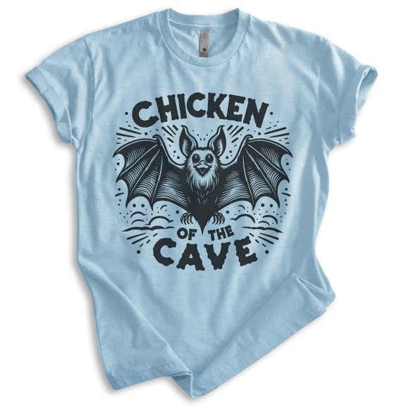 Chicken Of the Cave Bat T-shirt, Unisex Women's Men's Shirt, Funny Bat Spooky Animal Pun Joke Gift, Heather Light Blue, Medium