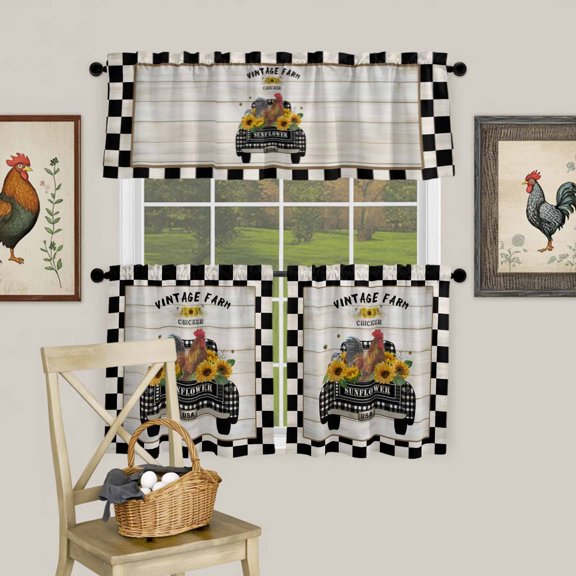 Chicken Old-fashioned Trucks on Vintage Curtain Tier and Valance Set 3 Piece, Farm Buffalo Plaid 3-inch Rod Pocket Window Tier Curtains Valance for Kitchen Living Room