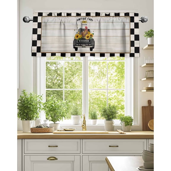 Chicken Old-fashioned Trucks on Vintage Valances for Windows,Kitchen Valance Rod Pocket Short Curtain,Farm Buffalo Plaid Valance Curtain Window Valances for Bedroom Living Room 54x18in