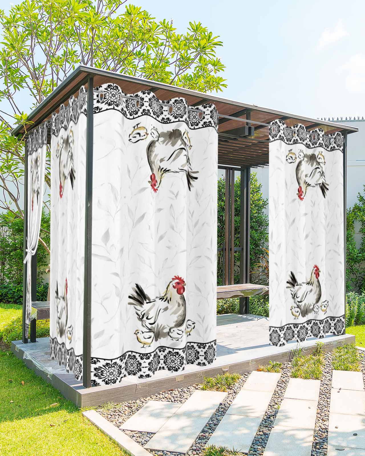 Chicken Outdoor Curtains for Patio, Farmhouse Country Animal Black Flower Leaf Privacy Drapes Grommet Waterproof Outside Curtains for Porch/Cabana/Balcony 54"x 95", 2 Panel