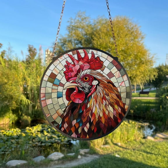 Chicken Painted Stained Glass Suncatcher, Farmhouse Window Hanging Decor, Outdoor Sun Catcher Decor, Farm Animals Window Decor
