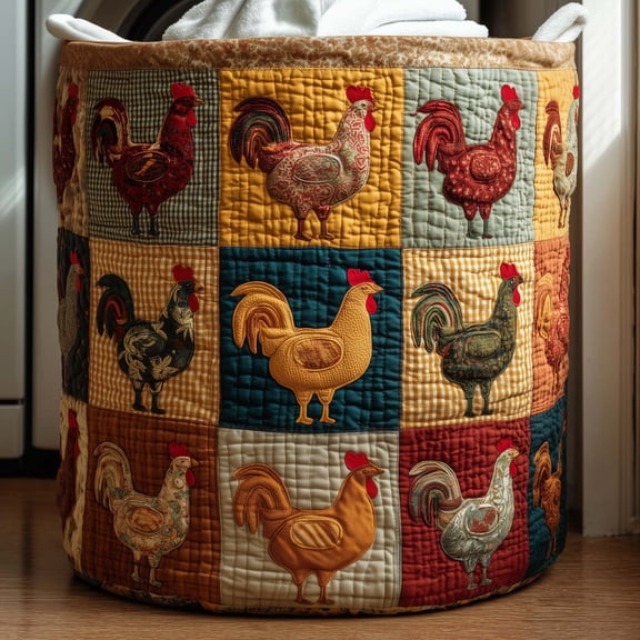 Chicken Patchwork Quilted Laundry Basket, Large Storage Basket with Handles for Bedroom and Nursery