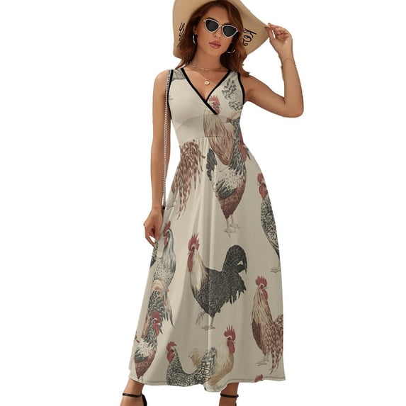Chicken Pattern Dress Summer Street Style Bohemia Long Dresses Female Sleeveless Printed Maxi Dress