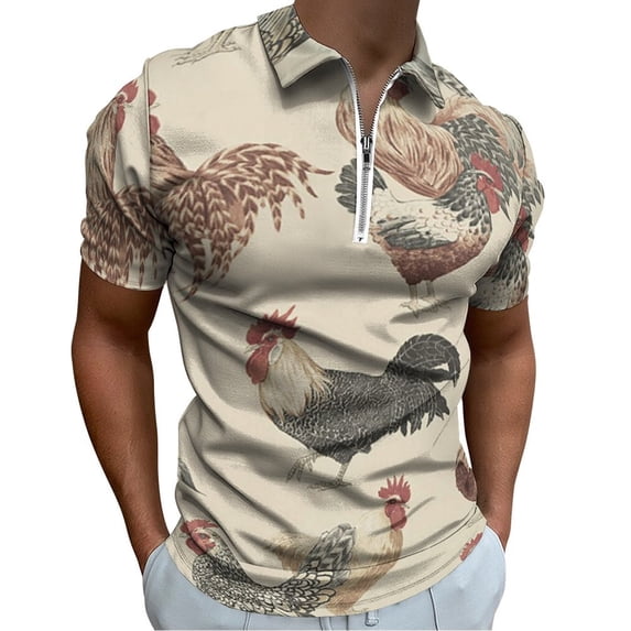 Chicken Pattern Men Zipper T-shirt Summer Casual Short Sleeve T-shirt Top